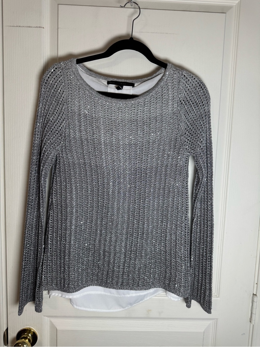 Gray Metallic Knit Layered-Hem Sweater